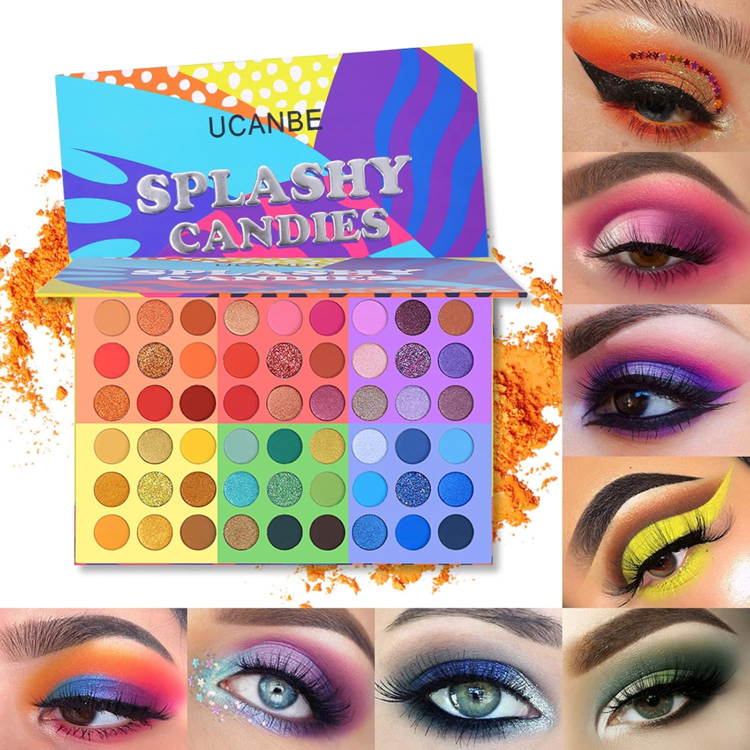 UCANBE 54 Colors Splashy Candies Eyeshadow Palette + 15pcs Makeup Brush Set, Highly Pigment Matte Metallic Shimmer Glitter Eye Shadow Bright Color Long Lasting Waterproof Easy Blending Make Up Pallet - Image 6