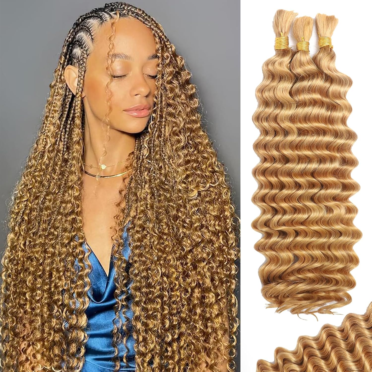 Human Braiding Hair for Boho Braids Human Hair 110g 16 Inch Curly Boho Hair for Braiding Knotless 12A Deep Wave Bohemian 3 Bundles/Pack Caramel Honey Blonde
