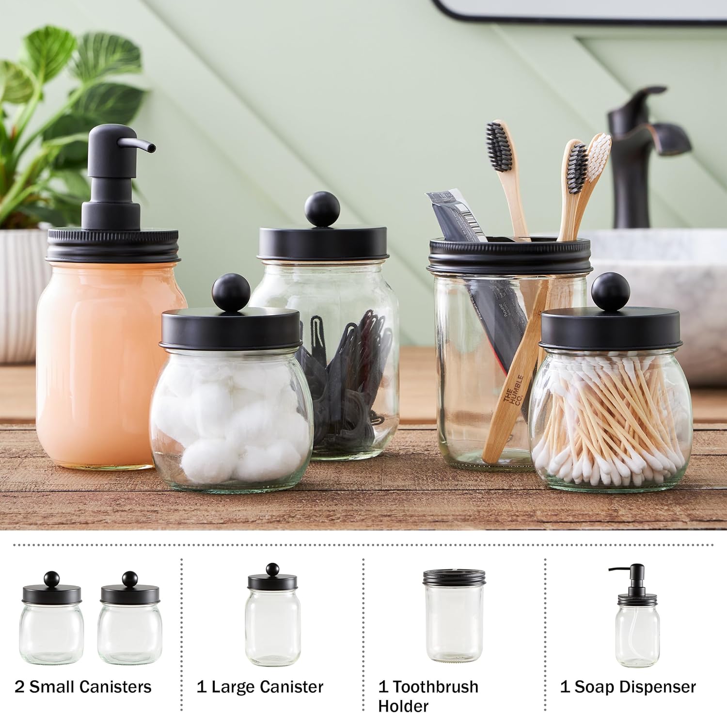 Mason Jar Bathroom Accessories Set – 5-Piece Bathroom Set with Toothbrush Holder, Soap Dispenser, Canister, and 2 Small Jars by Lavish Home (Black) - Image 3