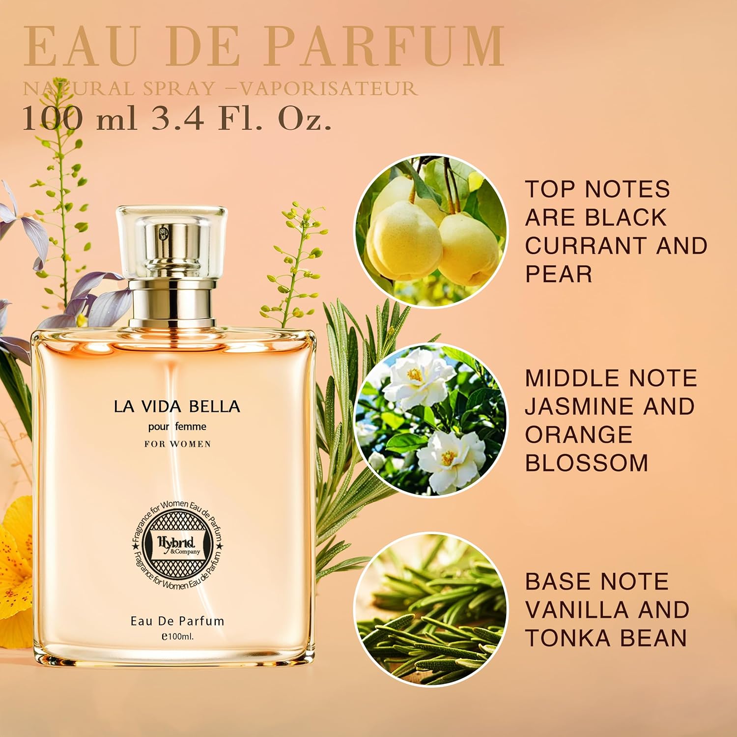 Hybrid & Company La Vida Bella Fragrance for Women Eau De Parfum Natural Spray Elegant Scent, 3.4 Fl Oz - Image 3