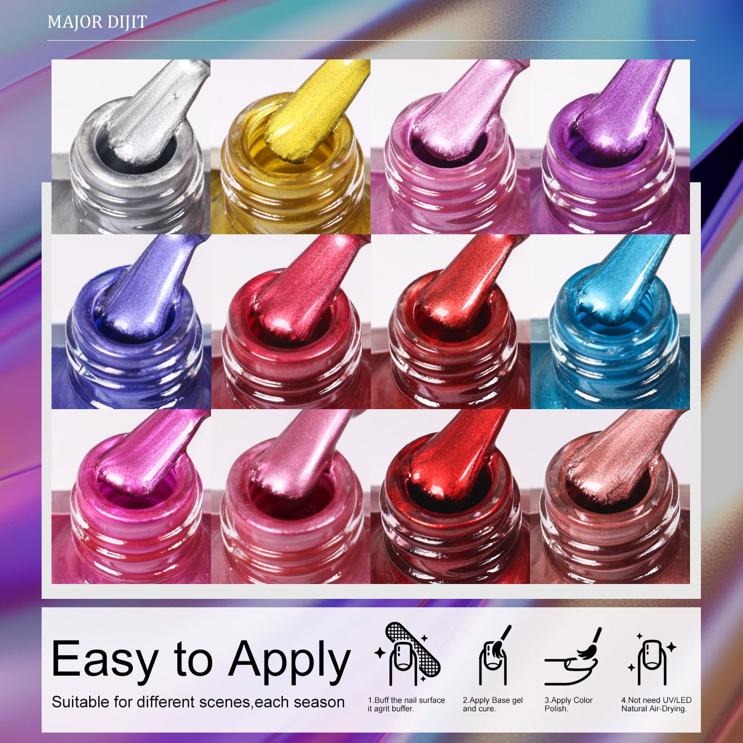 DouborQ Metallic Nail Polish Set,12 Colors Mirror Chrome Glitter Nail Polish 0.35 FL.oz/10ml Holographic Gold Silver Pink Red Purple Nail Polish Manicure - Image 6