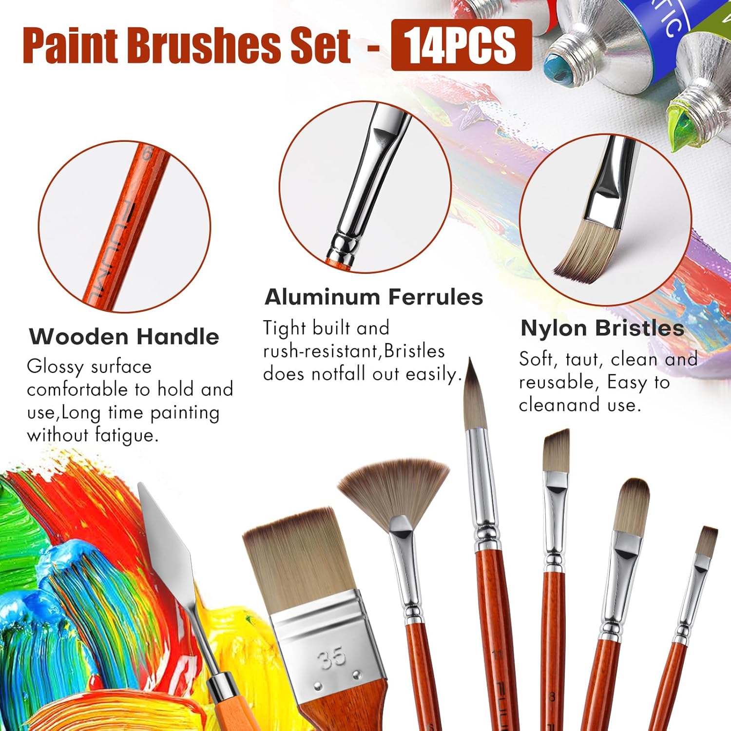 14pcs Acrylic Paint Brushes, Professional Synthetic Bristles Paint Brush Set with Extra Palette Knife - Flat, Filbert, Fan, Dagger, Round, Angle, Rigger Paint Brushes for Oil, Acrylic Canvas Paintings - Image 4