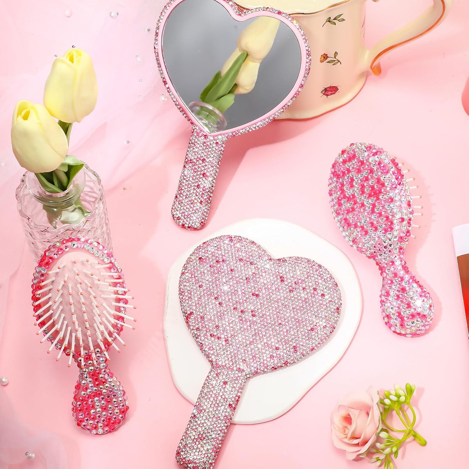 Thyle 4 Pcs Rhinestone Handheld Mirror and Bling Hair Brush Set 2 Cute Heart Shaped Mirror 2 Wet and Dry Hair Brush for Women, Girls Bride, Bridesmaid Gift(Pink) - Image 4