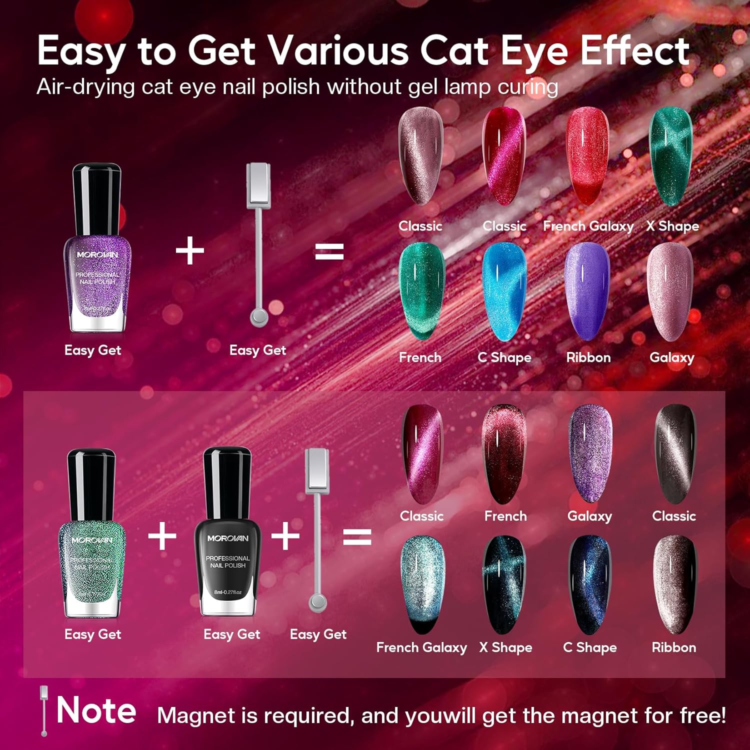Morovan Magnetic Nail Polish Set:Cat Eye Glitter Red Green Purple Blue Nail Polish Kit Shimmer Quick Dry Nail Polish Bulk for Women Nail Art Manicure Salon Gift Holiday Party - Image 3