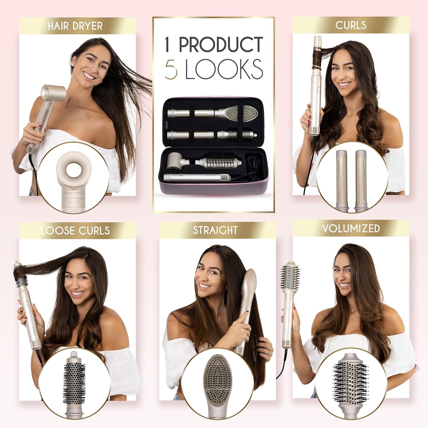 ELLA BELLA® 6 in 1 Professional Hot Air Styler • Powerful Hair Dryer & Straightener Set • Styling Without Heat Damage • Fast Drying Curling Volumizing Straightening • Includes Protective Travel Case - Image 3