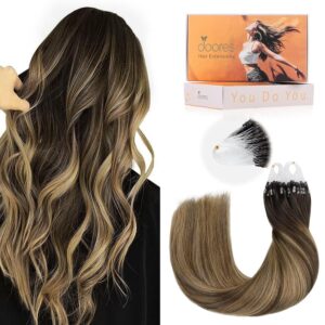 DOORES Micro Beaded Real Human Hair Extensions, Balayage Chocolate Brown to Caramel Blonde 16 Inch 50g/50s, Invisible Bead Extensions Human Hair for Women