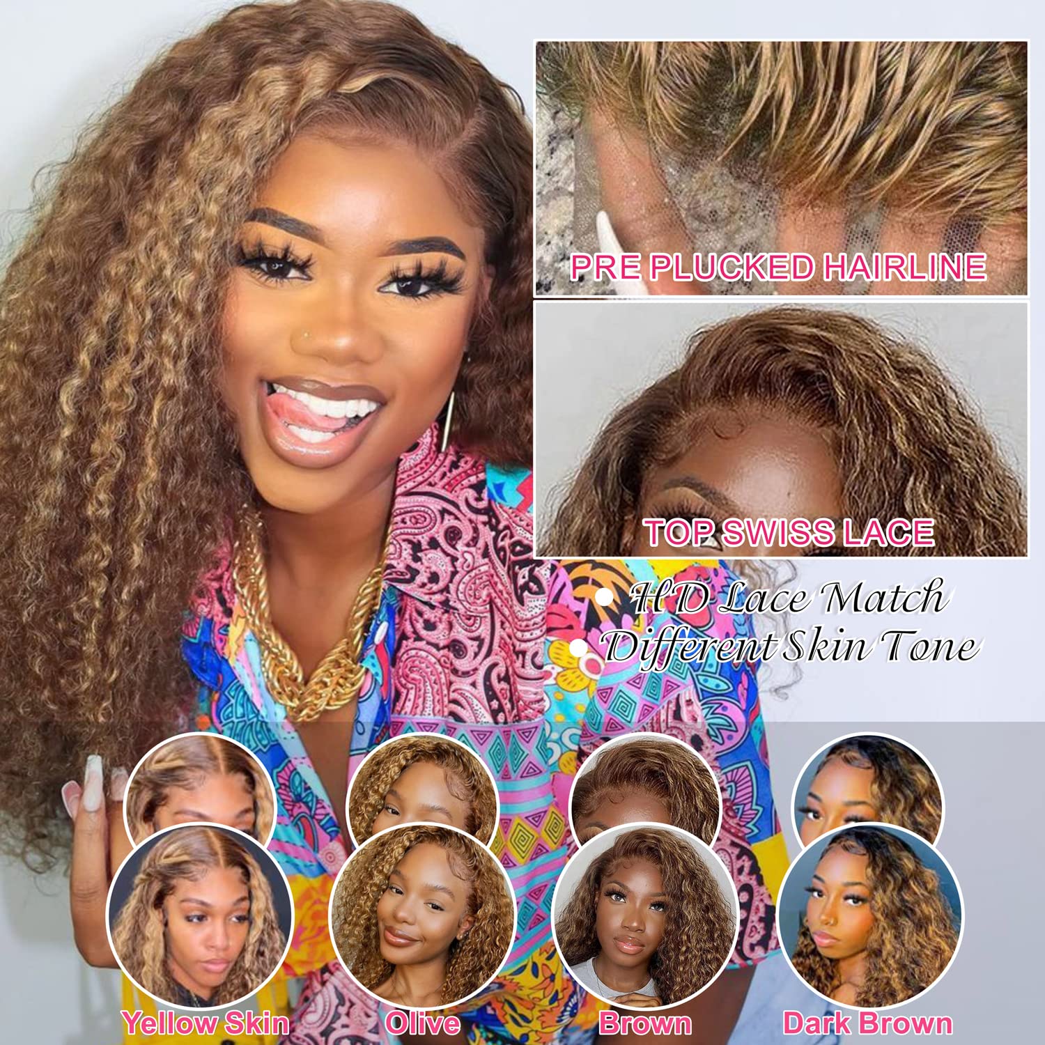 Honey Blonde Ombre Lace Front Wig Human Hair 13X6 Highlight Deep Wave Curly Human Hair Wig 4/27 Colored Deep Wave HD Lace Front Wigs Human Hair Pre Plucked with Baby Hair 180% Density 26 Inch - Image 3