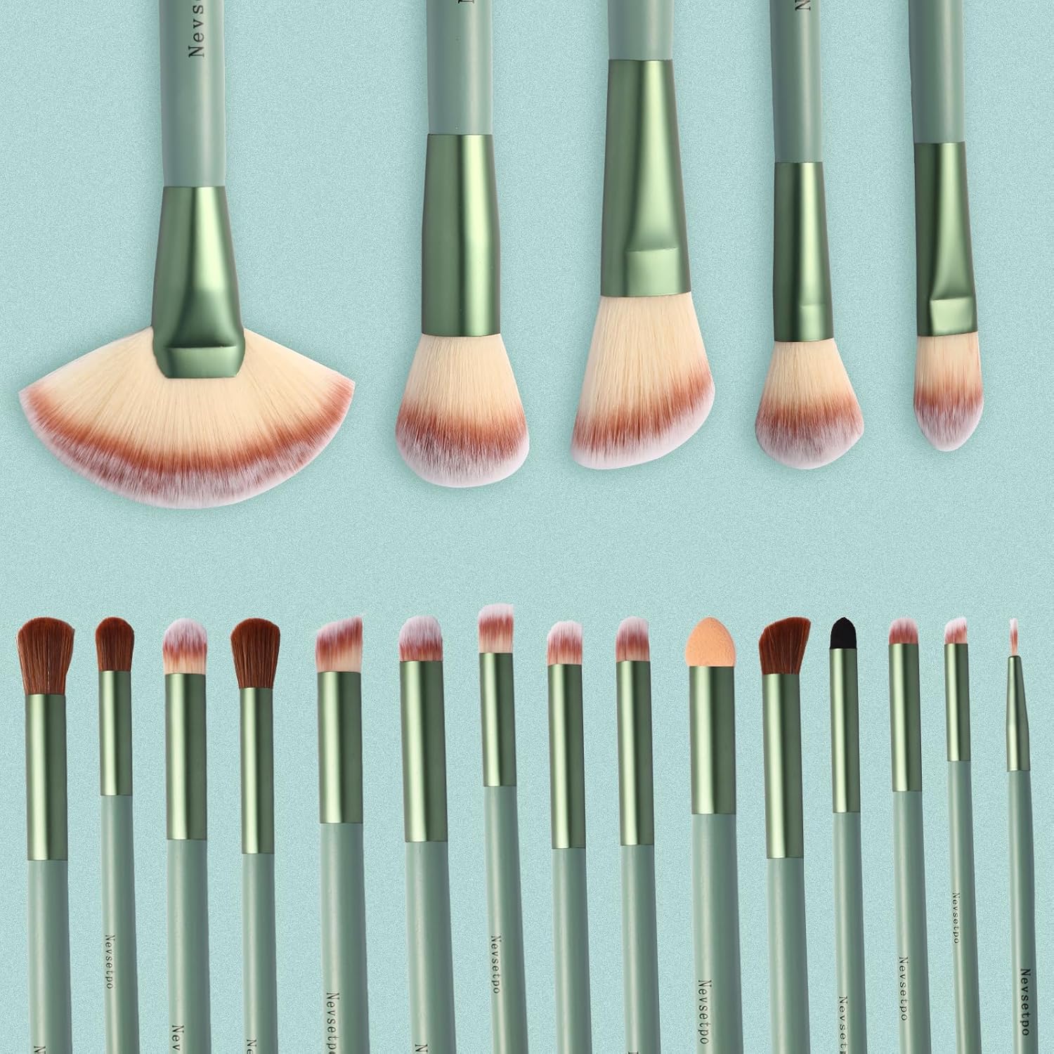 28-Piece Professional Makeup Brush Set with Beauty Blenders and Travel Bag Green - Image 2