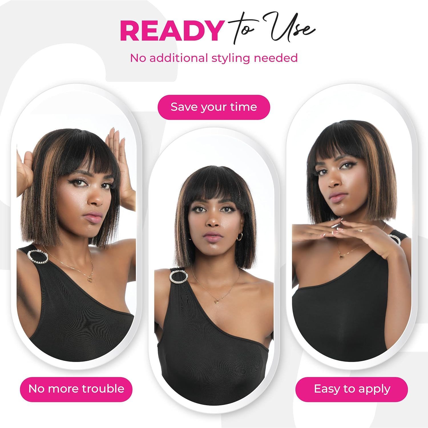 10 inch Yaki Straight Bob Wig Vietnamese Human Hair Wig Pre-Bleached, Wear and Go Lace Bob Wig Human Hair 180% Density Piano Brown, Glueless Wig Human Hair with Blunt Bangs - Image 5