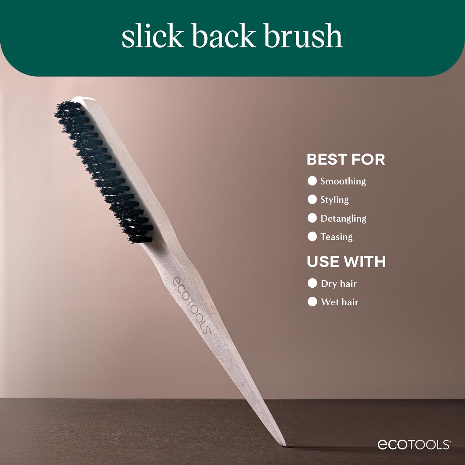 EcoTools Slick Back Hairbrush, Small Brush For The Perfect Ponytail Or Bun, Tease, Smooth, & Style Hair, Tame Frizz & Flyaways, Renewable Bamboo Handle & Vegan Boar Bristles, Cruelty-Free, 1 Count - Image 3