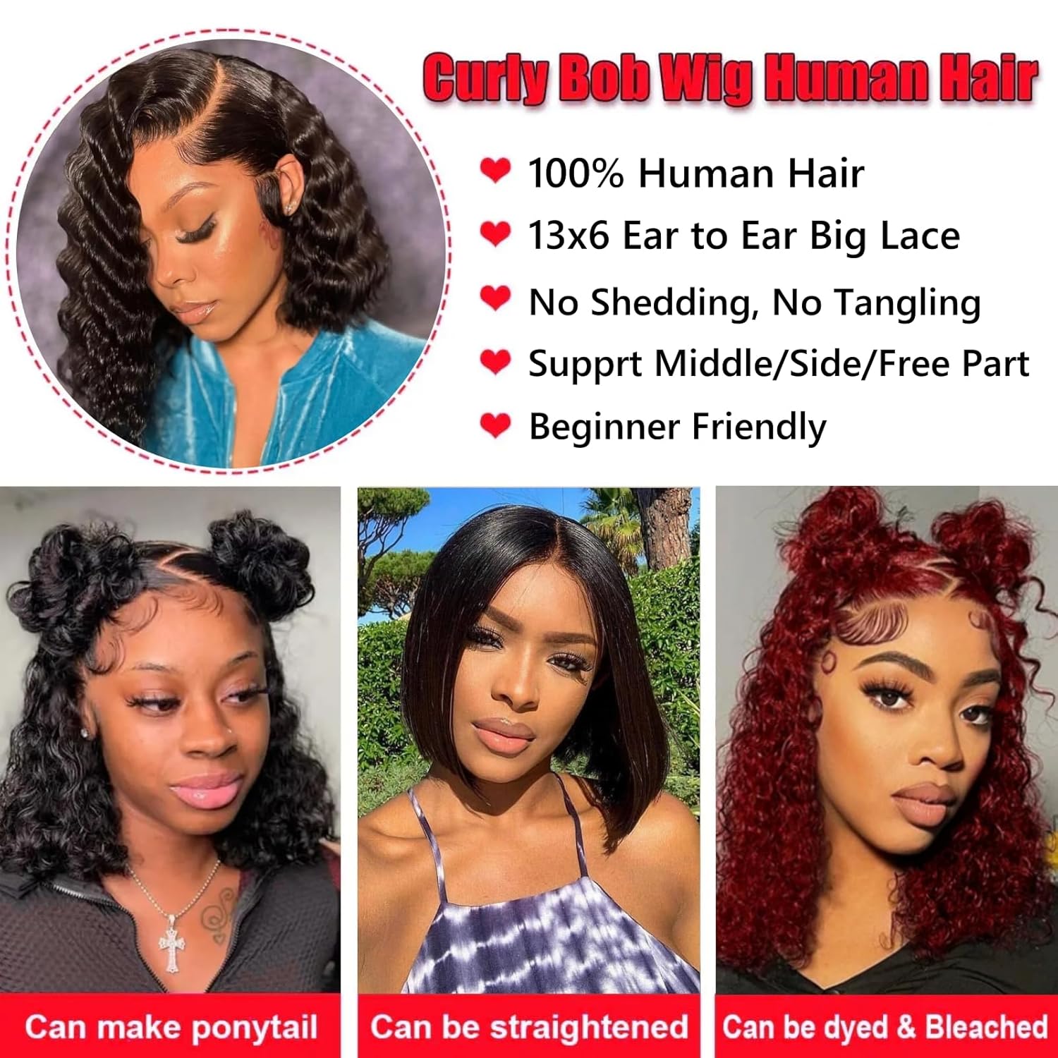 13x6 Bob Wig Deep Wave Lace Front Wigs Human Hair 13x6 Lace Frontal Wigs 180% Density Curly Bob Wig Human Hair Pre Plucked Deep Wave Wig for Black Women (Natural Black, 12Inch) - Image 3