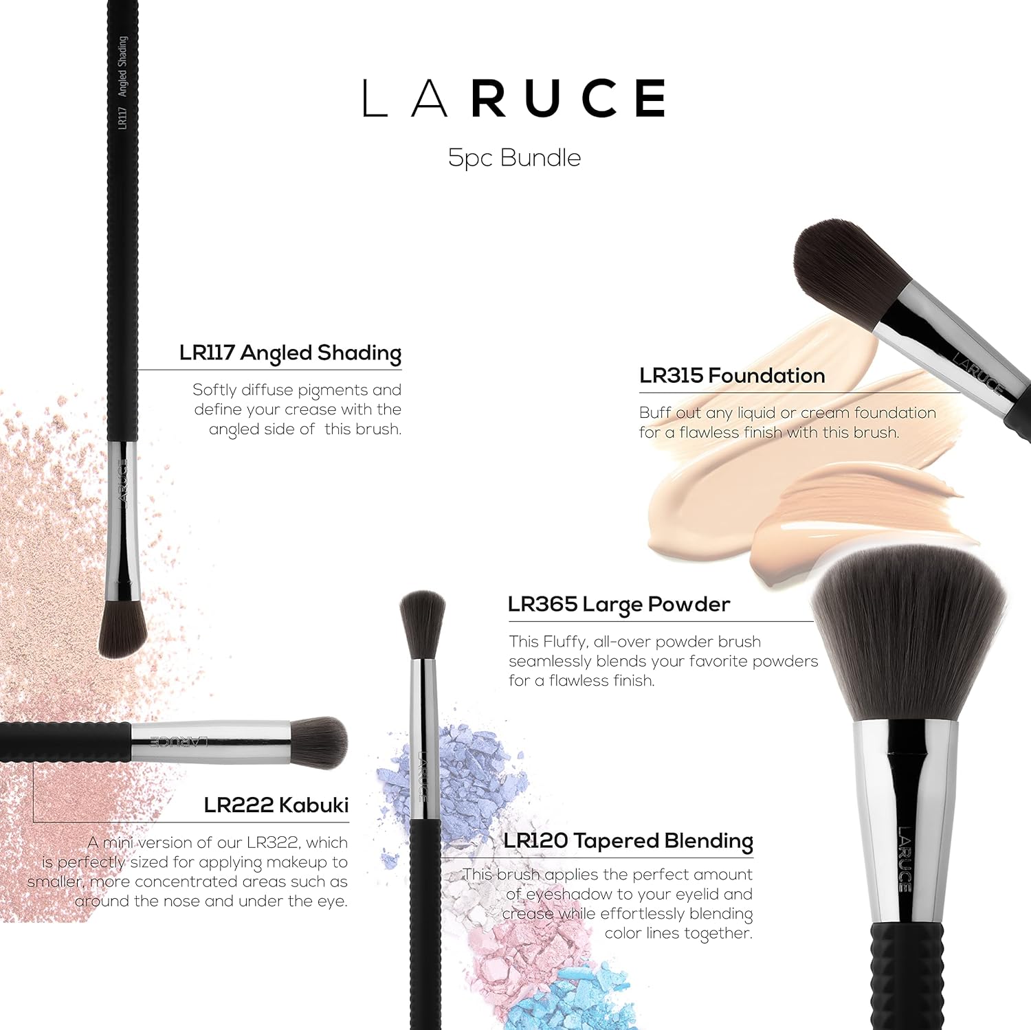 LARUCE 5PC Professional Vegan Eye Makeup Brush Set | Apply Foundation, Blend, Define, Shade, Highlight & More - Image 2
