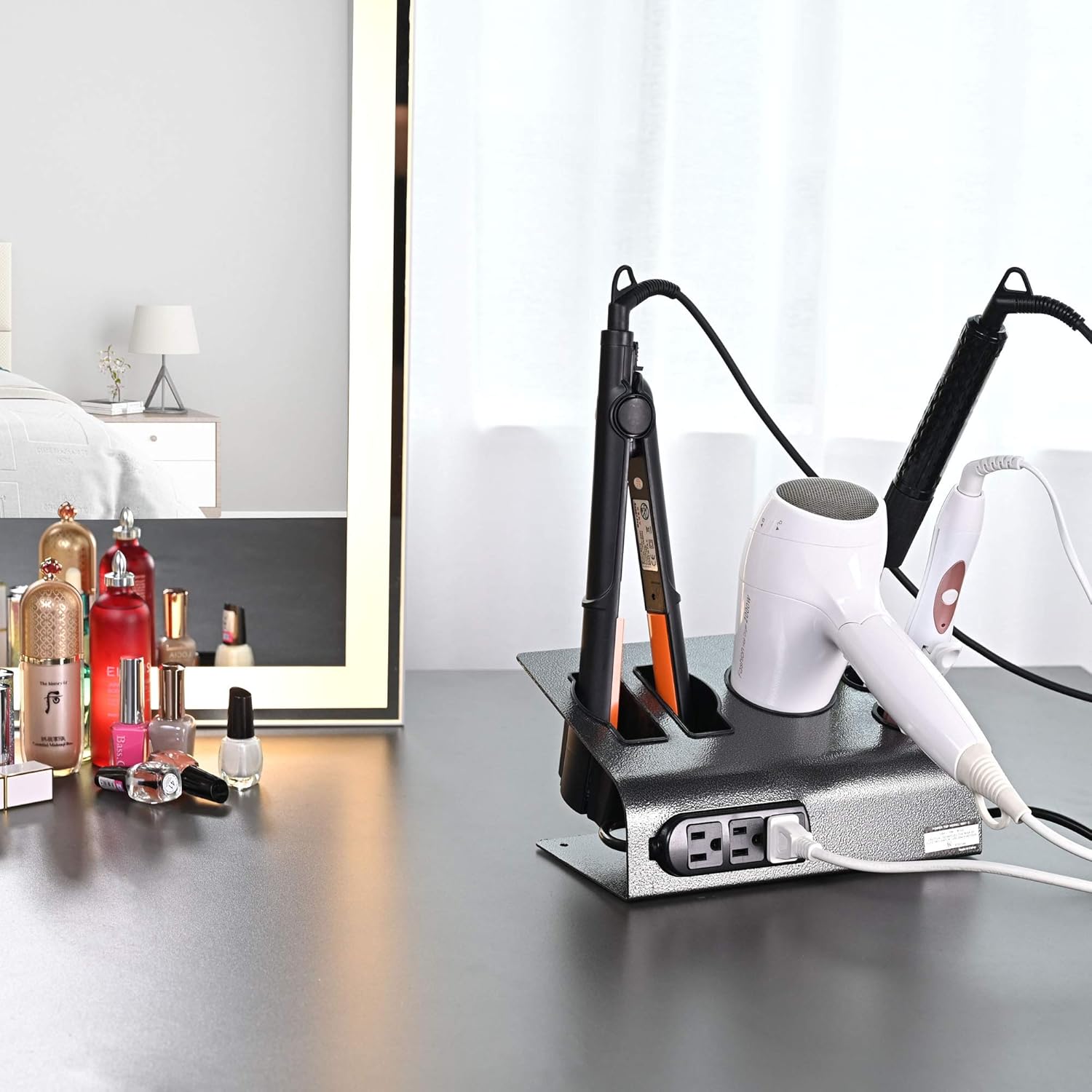 BYOOTIQUE 6-Hole Tabletop Blow Dryer & Hair Iron Holder Salon Appliance Stand with 3 Outlets Hair Tool Organizer Hot Tools Organizer for Stylist Straightener Bathroom Supplies - Image 6