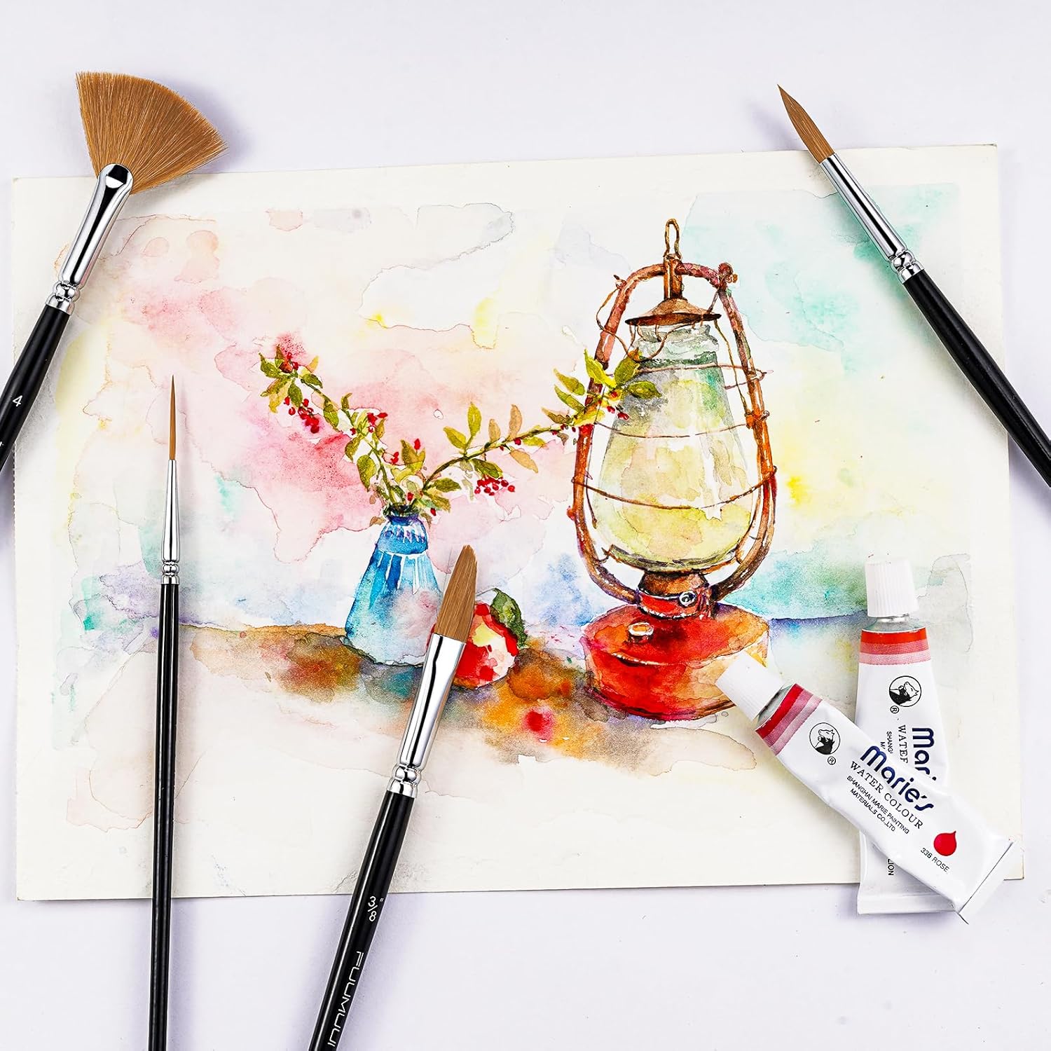 7-Piece Professional Kolinsky Sable Watercolor Brush Set Dagger Rounds Rigger Flat Fan - Image 7