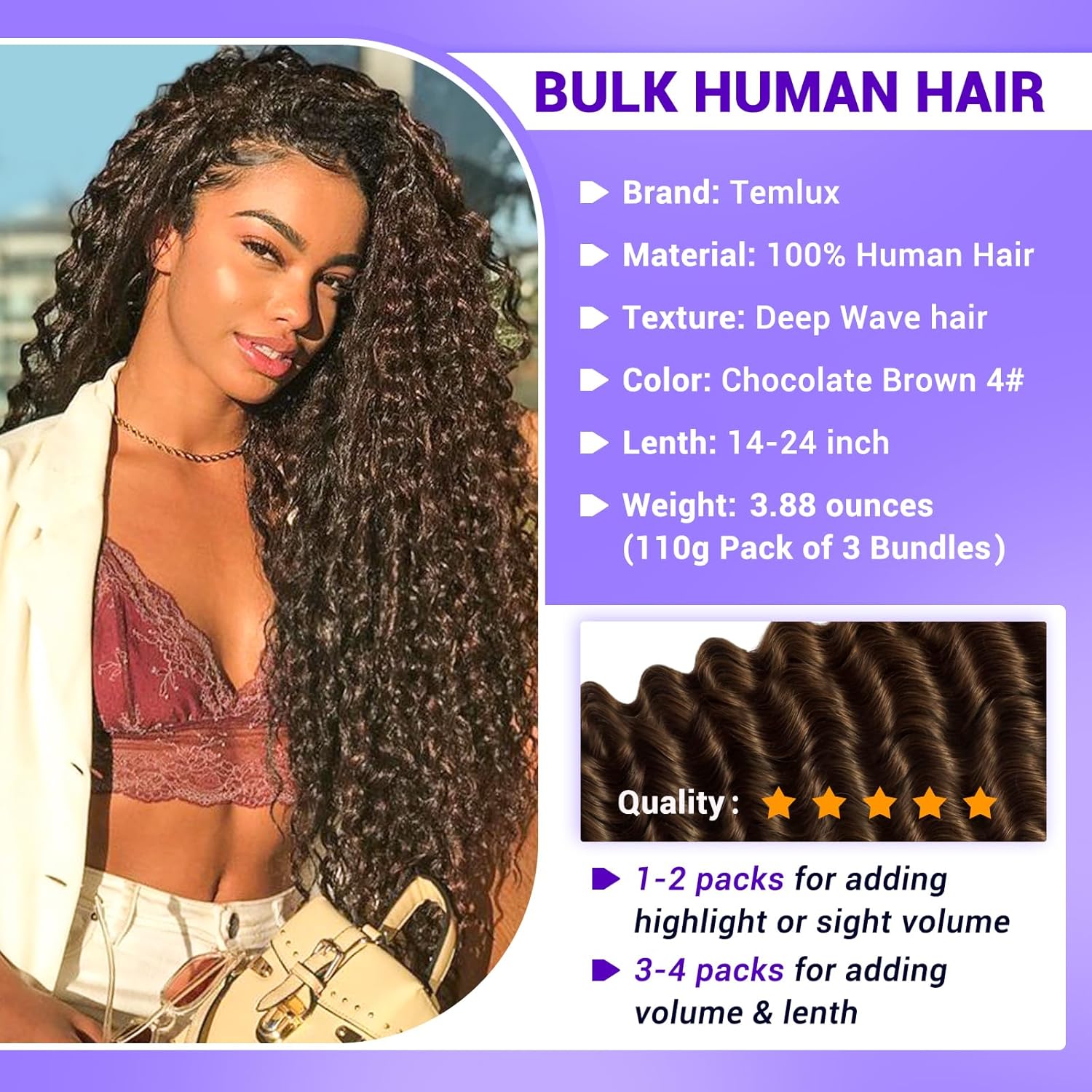 Human Braiding Hair for Boho Braids 110g 20 Inch Color 4 Deep Wave Boho Bulk Human Hair for Braiding Knotless 12A Wet and Wavy Bohemian 3 No Weft Bundles/Pack Curly Braids Brown - Image 7