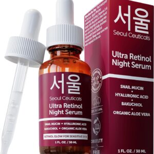 SeoulCeuticals 1% Korean Retinol Night Serum for Face - 97.5% Snail Mucin + Hyaluronic Acid + Bakuchiol, Cruelty Free K Beauty for Sensitive Skin 1oz