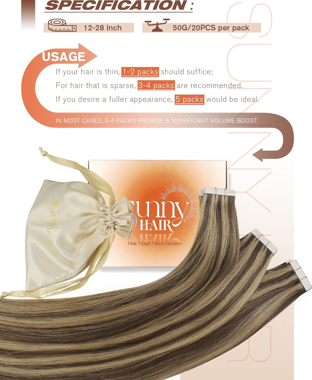 Sunny Hair Tape in Hair Extensions Real Human Hair Invisible Remy Hair Extensions Tape ins for Women Dark Brown Highlight Caramel Blonde 18 inch 20Pcs 50G - Image 2