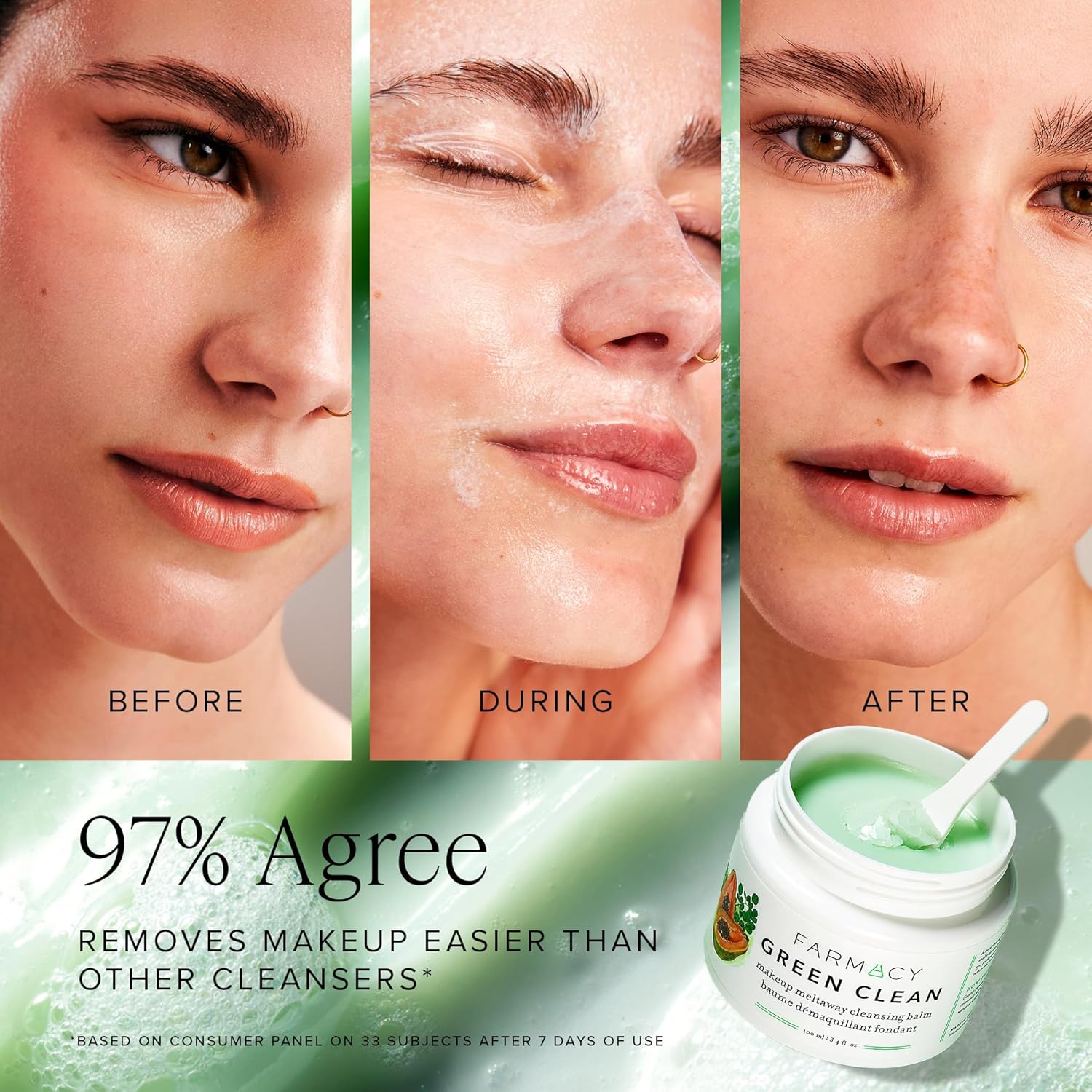 Farmacy Makeup Remover Cleansing Balm - Green Clean Waterproof Makeup Remover + Oil Based Cleanser - Gentle Exfoliating Double Cleanser - Melts From Balm to Milky Lather (50ml) - Image 3