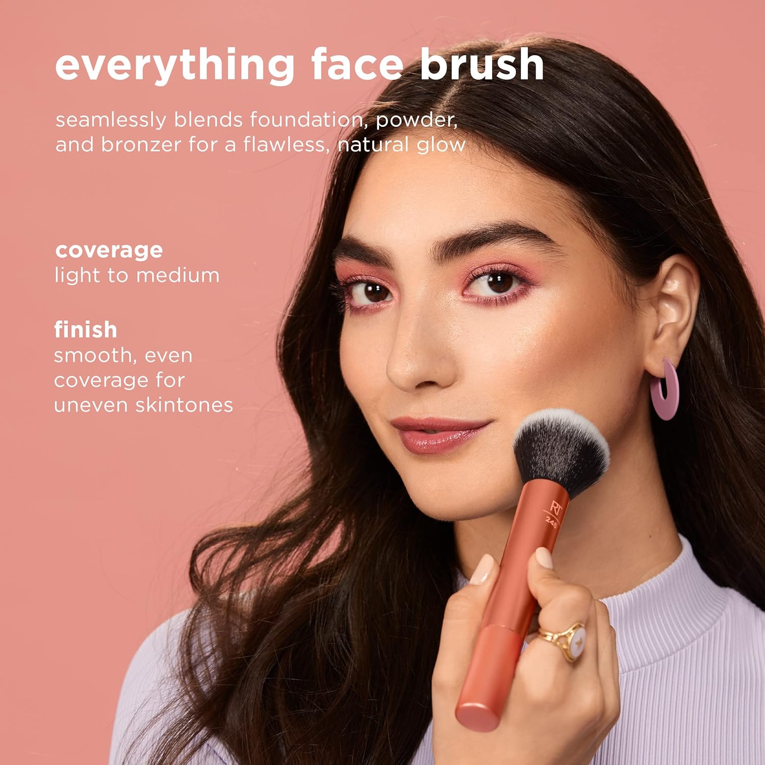 Real Techniques Everything Face Makeup Brush, Flawless Finish, Streak Free Makeup Application, For Foundation, & Powder Makeup Application, Fluffy Face Brush, Cruelty Free, 1 Count Orange - Image 4