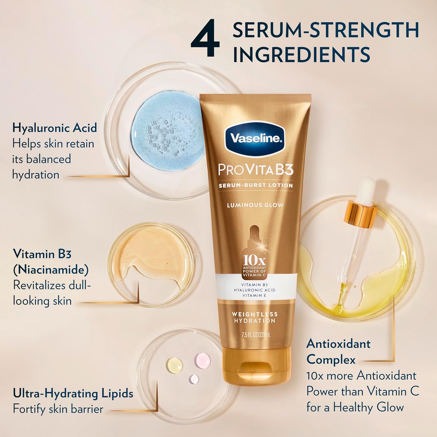 Vaseline Pro VitaB3 Serum Burst Lotion Luminous Glow Healthy, Glowing Skin, Lightweight 10x Antioxidant Power of Vitamin C with Vitamin B3, Hyaluronic Acid & Vitamin E, 7.5 Fl Oz - Image 4