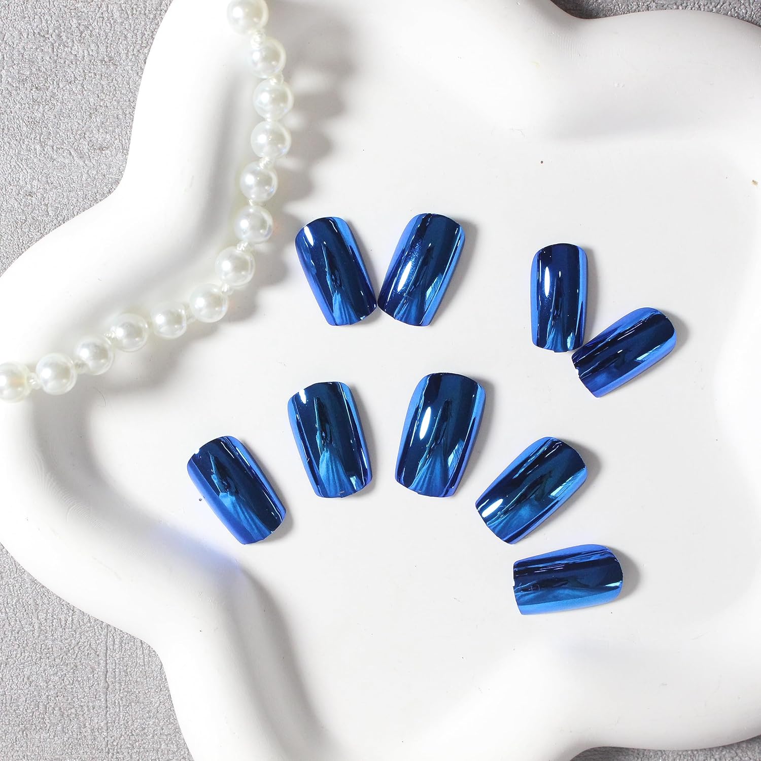 Royal Blue Chrome Glazed Medium Short Square Reusable Acrylic Press On Nails for Women - Image 5
