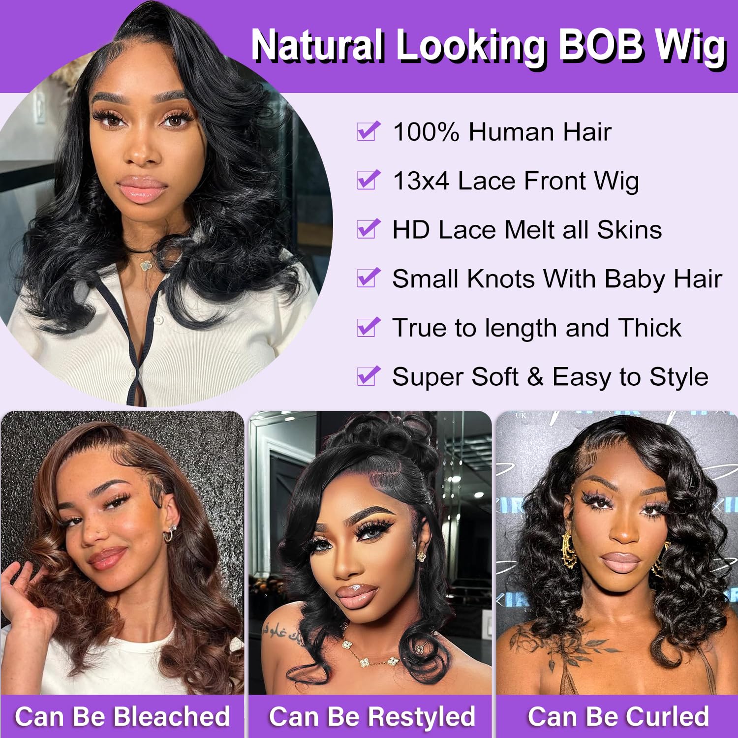 Hihmarm Body Wave Bob Wig Human Hair 13x4 HD Lace Front Wigs Human Hair Pre Plucked 180% Density Glueless Wig Bob Wigs for Black Women Body Wave Lace Frontal Wigs Human Hair Natural Black 14 Inch - Image 5