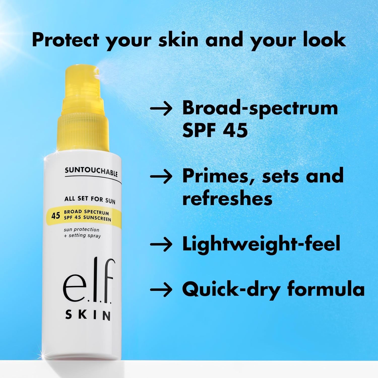 e.l.f. SKIN All Set For Sun SPF 45, Setting Spray With SPF 45 For Long-Lasting Makeup, Weightless, Non-Greasy Formula, Vegan & Cruelty-Free, Packaging May Vary - Image 2