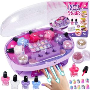 Golray Kids Nail Polish Set for Girls, All-in-One Nail Art Kit - Dryer/ Glitter Powder/ False Nails/ Nail Decals/ Toe Separator/File, Age 3-12 Little Girl Gift Toys
