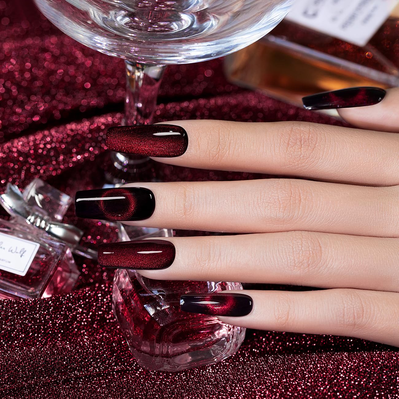 RARJSM Burgundy Cat Eye Gel Nail Polish Diamond Dark Black Red Cateye Velvet Glitter Gel Polish 15ml Single Bottle with Magnet Stick UV LED Curing Requires Soak Off for Home Salon Christmas Manicure - Image 2