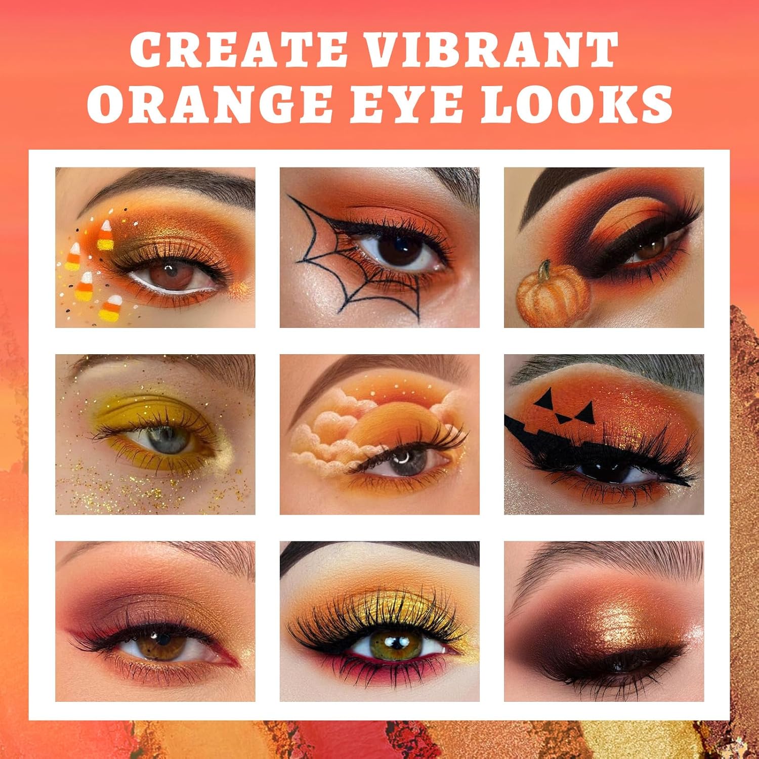 UCANBE Orange Eyeshadow Makeup Palette, 15 Colors Vibrant Shimmer Matte Glitter Eye Shadow Pallet, High Pigmented Warm Yellow Sunset Red Coral for Fall Cosplay Halloween Costume Parties Pumpkin Makeup - Image 3