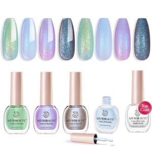 AZUREBEAUTY Nail Polish Set, 4 Colors Chameleon Green Glitter Purple Blue Holographic Spring Quick Dry Natural Fingernail Lacquer Strengthening Aurora Shimmer Kit with Top Coat DIY Salon at Home