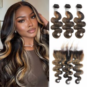 Honey Blonde Highlight Human Hair 3 Bundles with 13x4 Closure Body Wave Balayage Colored Ombre #FB27 Highlight Bundles with Frontal Wavy 10A Brazilian 100% Virgin Remy Hair 10 12 14+10 Inch