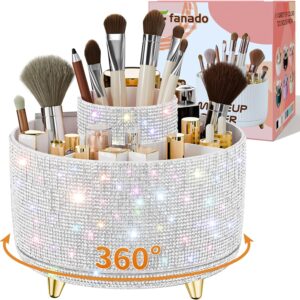 Bling Diamond Makeup Brush Holder, 360° Rotating Makeup Organizer, 5 Slot Make up Brushes Cup for Countertop, Storage for Cosmetics Pen Eyeliner Skincare on the Vanity (Diamond white)