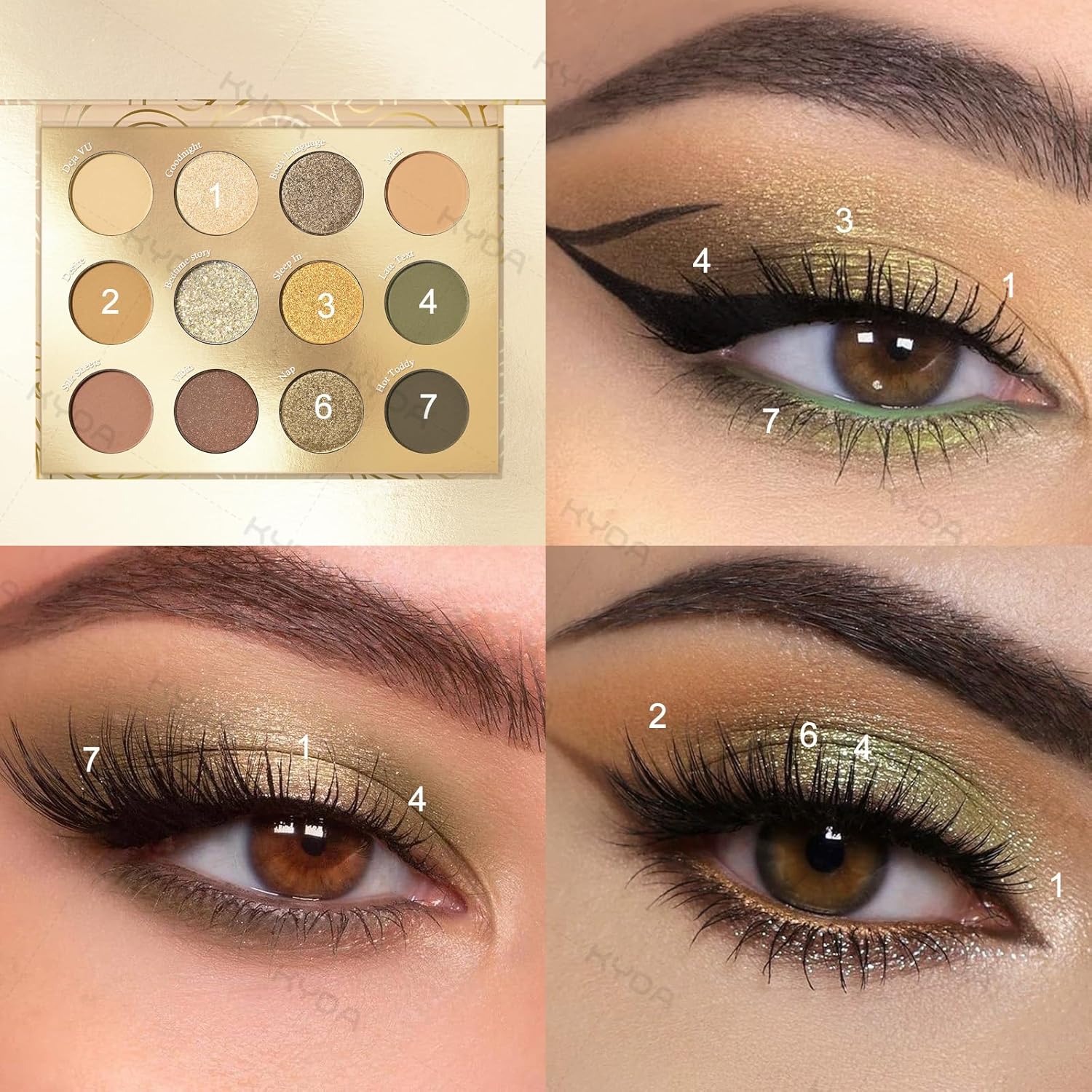 KYDA 12 Colors Olive Green Eyeshadow Palette, Sparkling Reflective Green Bronzer Eyeshadow, Matte Olive Ginger Nude Eyes Shadow, Smooth Blendable Powder, Smokey Eyes Makeup - Image 5