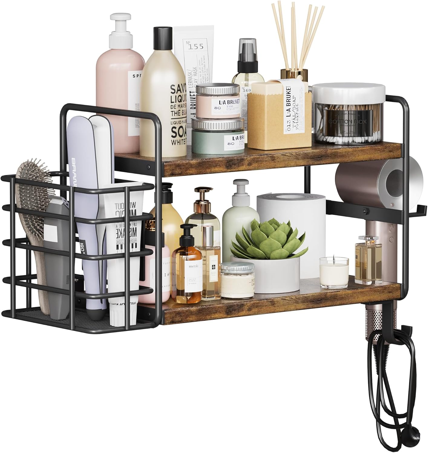 3-in-1 Wall Mounted Hair Dryer Holder with 2 Tier Shelves & Detachable Basket, Space Saving Organizer for Bathroom, Kitchen, Bedroom, Rust-Resistant, Easy Install - Image 2