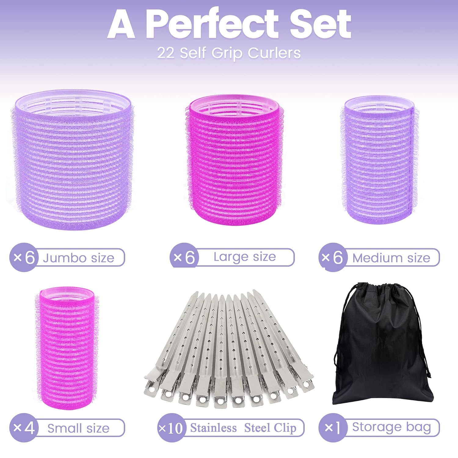 33 Piece Hair Rollers set, Self Grip Hair Rollers for Long Medium Short Hair, ELASO Large Medium Hair Curler (22 Rollers + 10 Stainless steel Clip +1 Storage Bag) - Image 2