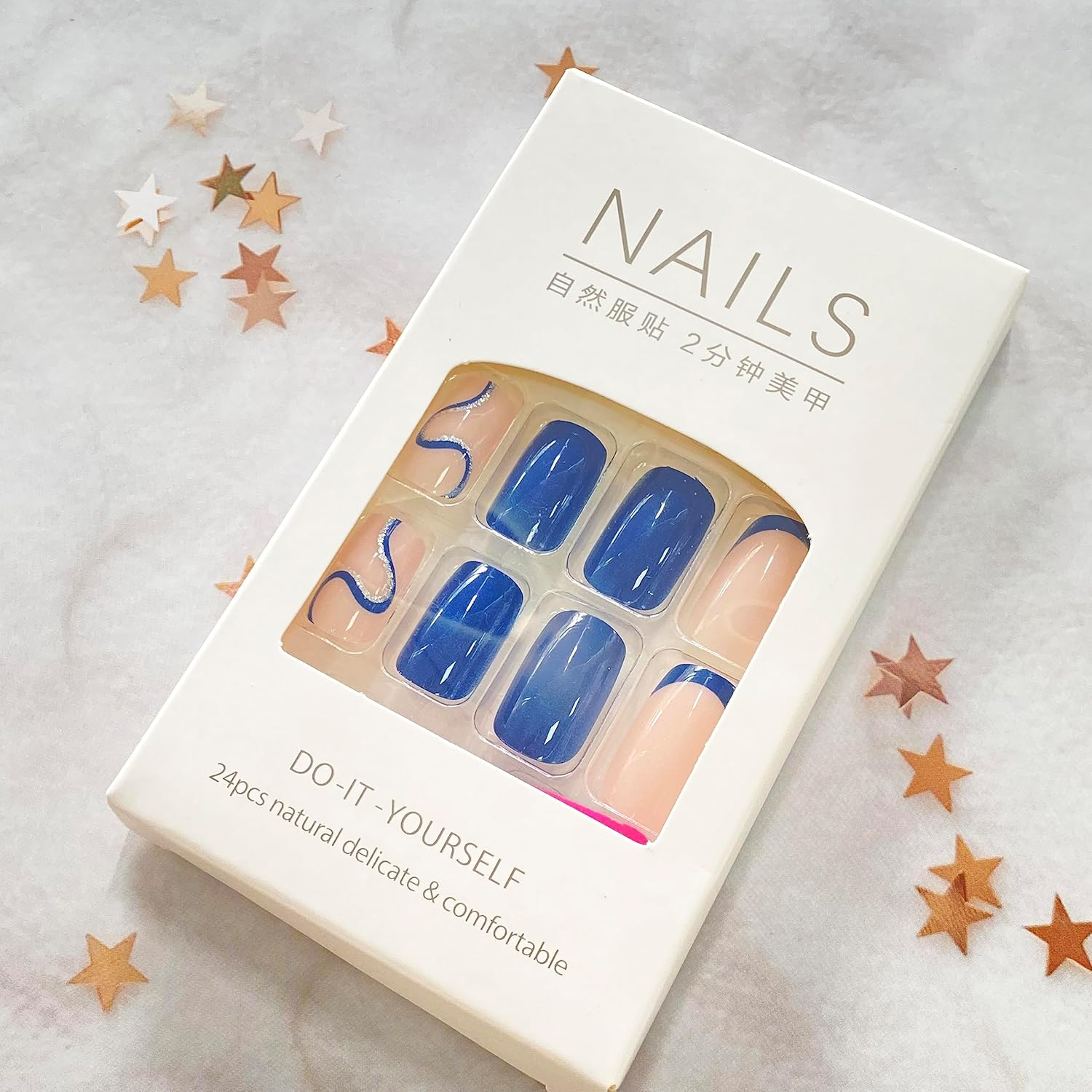 Dark Blue Press on Nails Short Fake Nails with Shiny Curve Designs French Tip Artificial Nails Simplicity Reusable Acrylic Nails False Nails Glossy Glue on Nails for Women Girls - Image 5