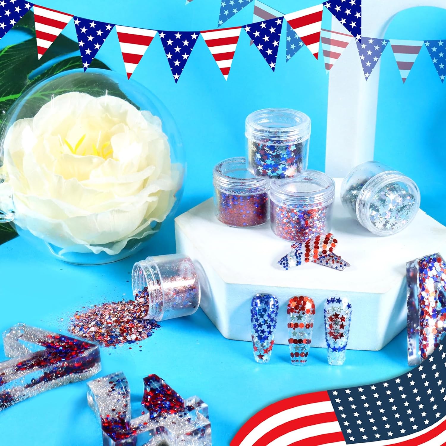 Laza Independence Day Nail Art Glitters 12 Colors Red Blue Silver Fine Powder Chunky Star Sequins Hexagon Confetti 4th of July Nail Decals Festival Polish Nail Art Supplies - Colorful Holiday - Image 7
