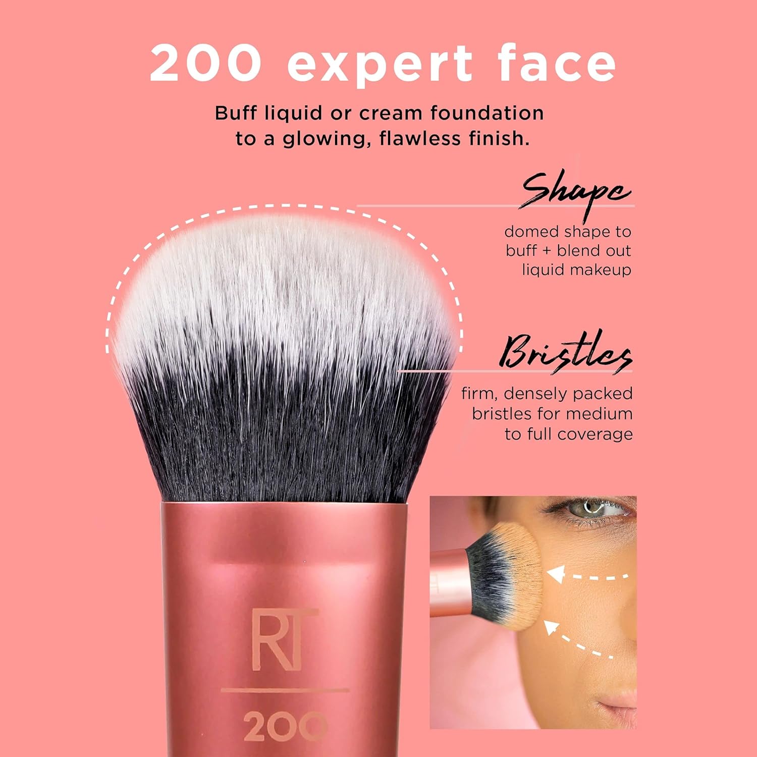 Real Techniques Expert Face Professional Foundation Makeup Brush for Even Streak Free Application, Dense Bristles For Buffing, Orange, 1 Count - Image 2