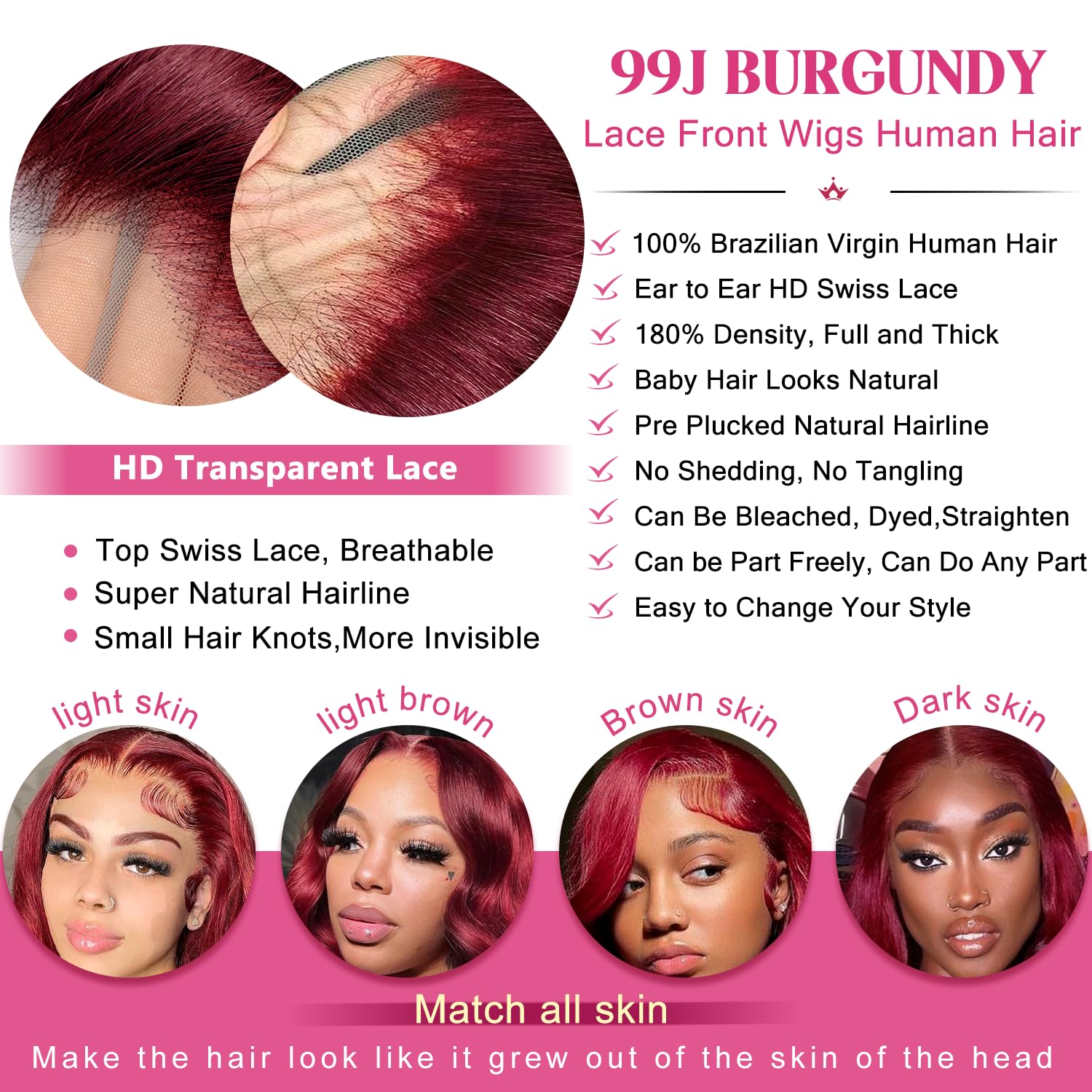 28 Inch 99J Burgundy Lace Front Wigs Human Hair 13x6 HD Transparent Body Wave Lace Front Wigs Human Hair Pre Plucked 99j Burgundy Red Wine Glueless Human Hair Wigs for Women - Image 5