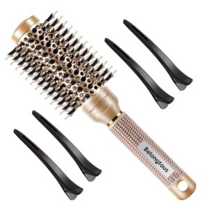 Round Brush, Nano Thermal Ceramic & Ionic Tech Round Barrel Boar Bristles Hair Brush, Roller Brush for Blow Drying, Curling, Straightening and Hair Styling, 4 Free Clips (1.3 inch, 32mm)