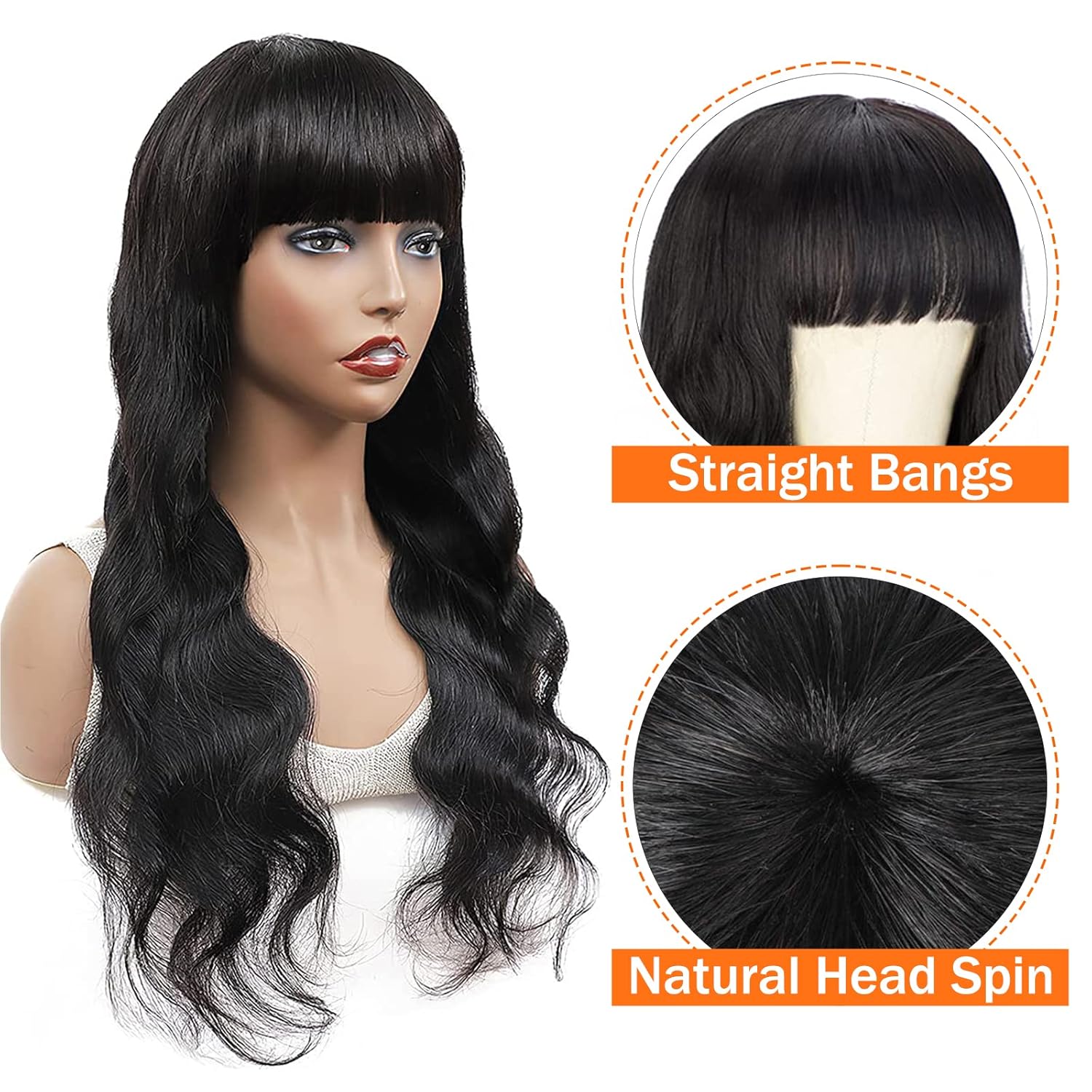 Body Wave Wigs with Bangs Human Hair Wigs for Black Women None Lace Front Wigs 150% Density Brazilian Virgin Hair Glueless Machine Made Wig Natural Color(20 Inch, Body Wave) - Image 3