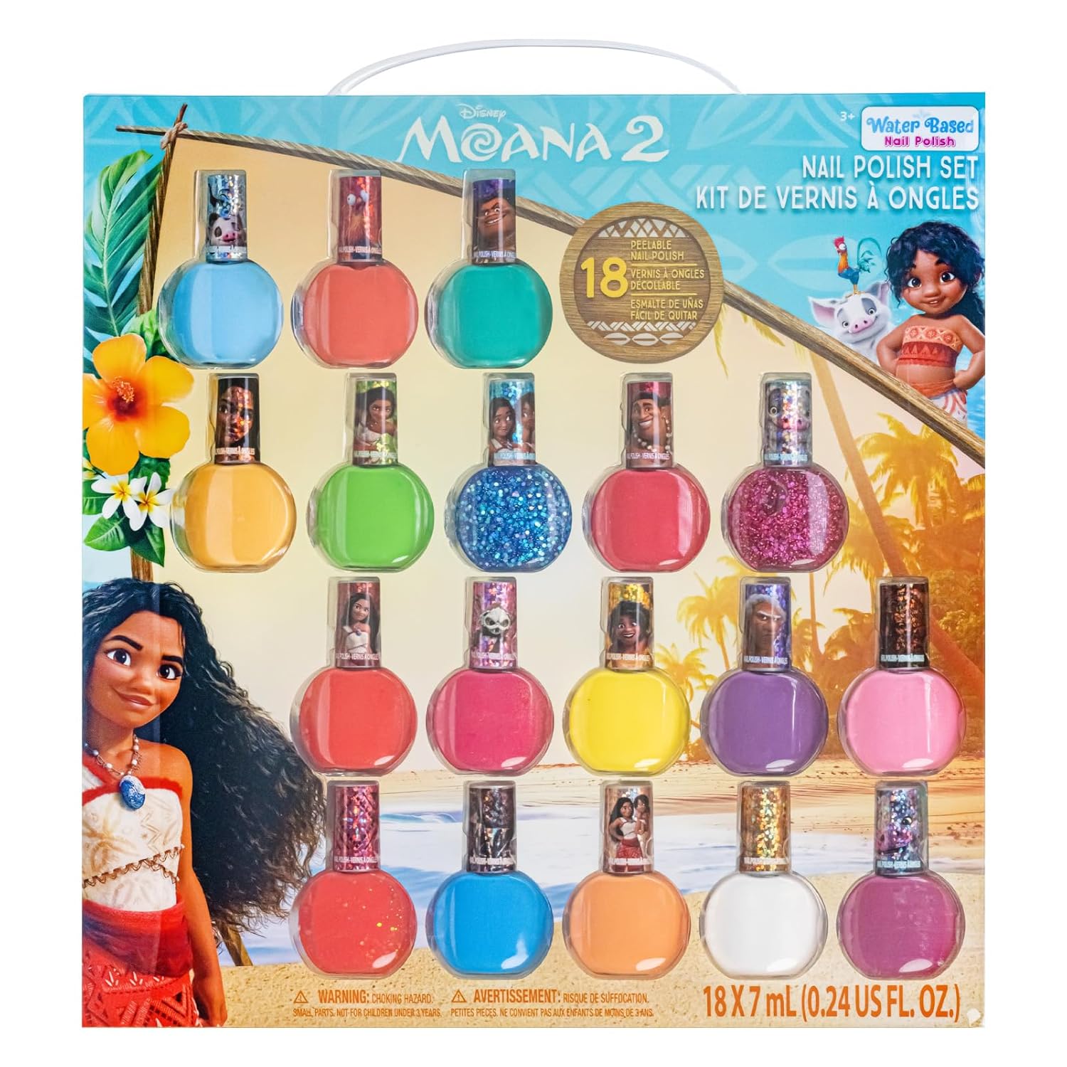 Townley Girl Moana 2 Non-Toxic Water-Based Peel Off Nail Polish Set with Glittery Shimmery Opaque Colors for Girls Kids Ages 3+ Perfect for Parties Spa Days Makeovers 18 Pcs
