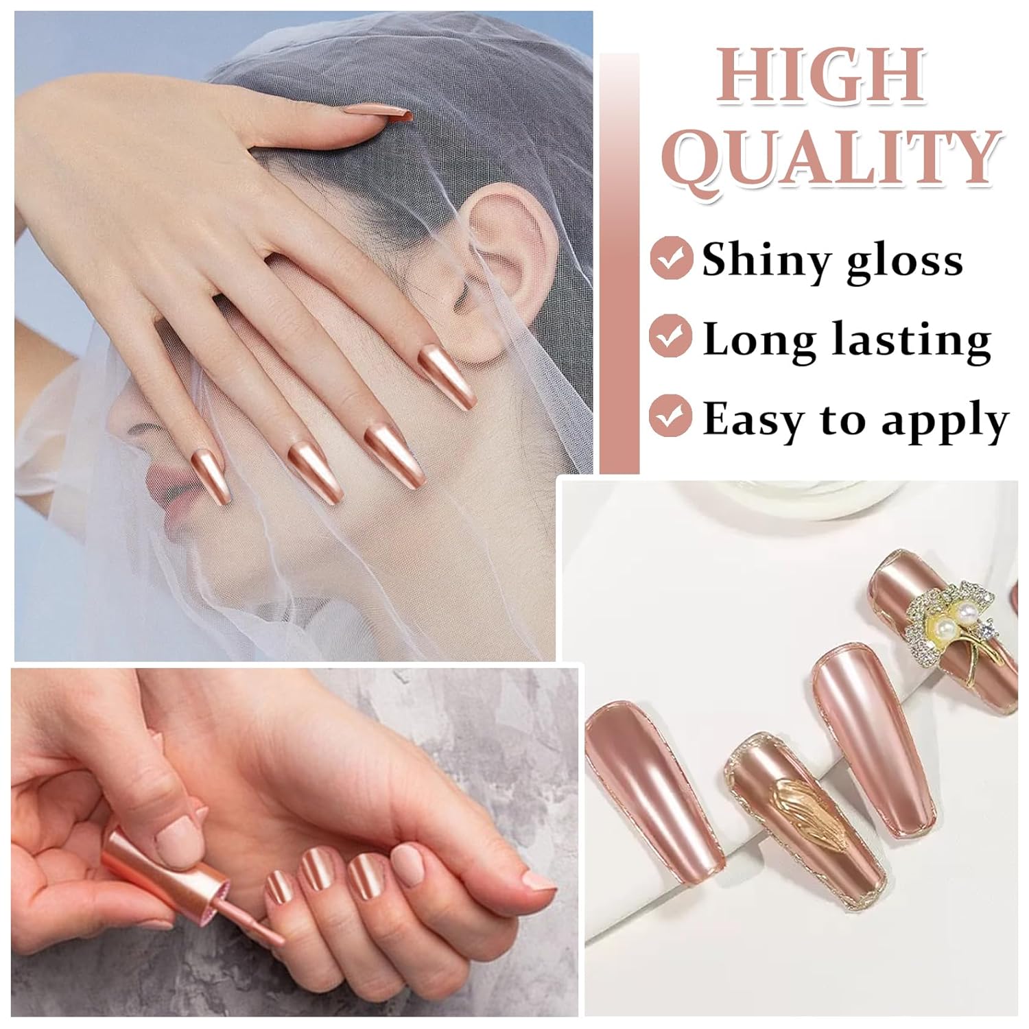 Mirror Nail Polish - Metallic Chrome Nail Polish with Long Lasting Mirror Effect, Quick Dry - Champagne Gold (18ML) - Image 3