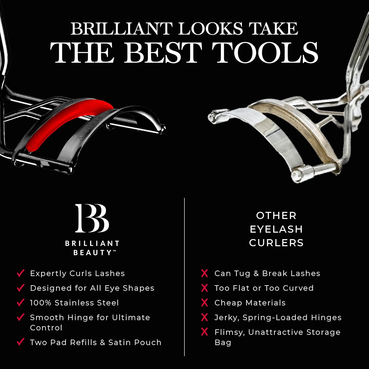 Brilliant Beauty Eyelash Curler with Satin Bag & Refill Pads - Award Winning - No Pinching, Just Dramatically Curled Eyelashes for a Lash Lift in Seconds (Red) - Image 6