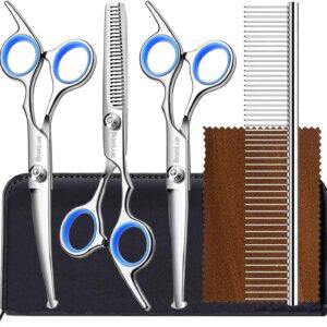 Bamlue 6 in 1 Professional Stainless Steel 4CR Safety Round Tip Dog Grooming Scissors, Anti-Rust Shears Cat Grooming Scissors Pet Kit, Thinning Straight Comb for Long Short Hair-Blue