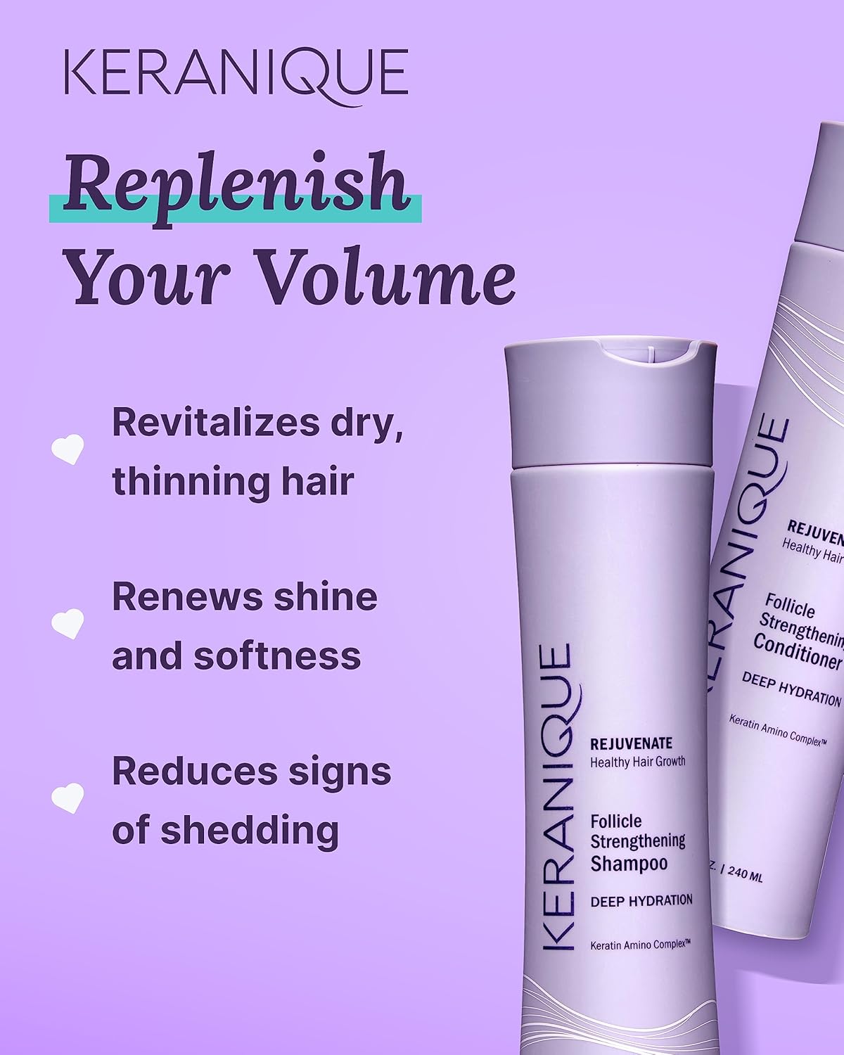 Keranique Hydrating Shampoo and Conditioner Set - Deep Hydration Hair Shampoo and Conditioner for Repairing Natural Moisture with Keratin - Sulfate-Free Intense Hydrator for Dry, Thin, Damaged Hair - Image 6
