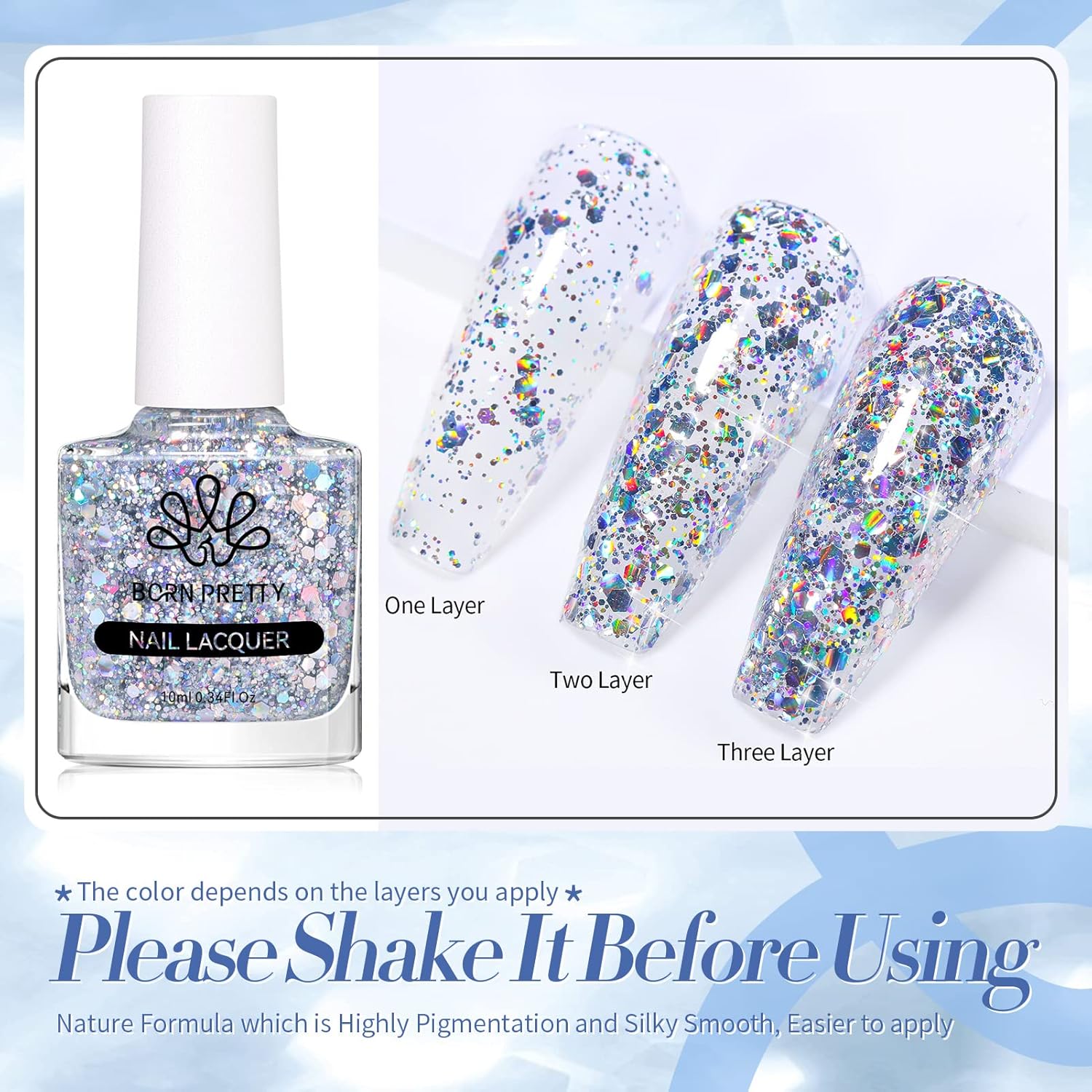 Born Pretty Holographic Nail Polish Silver Glitter Sequins Nail Polish 10ML - Image 2