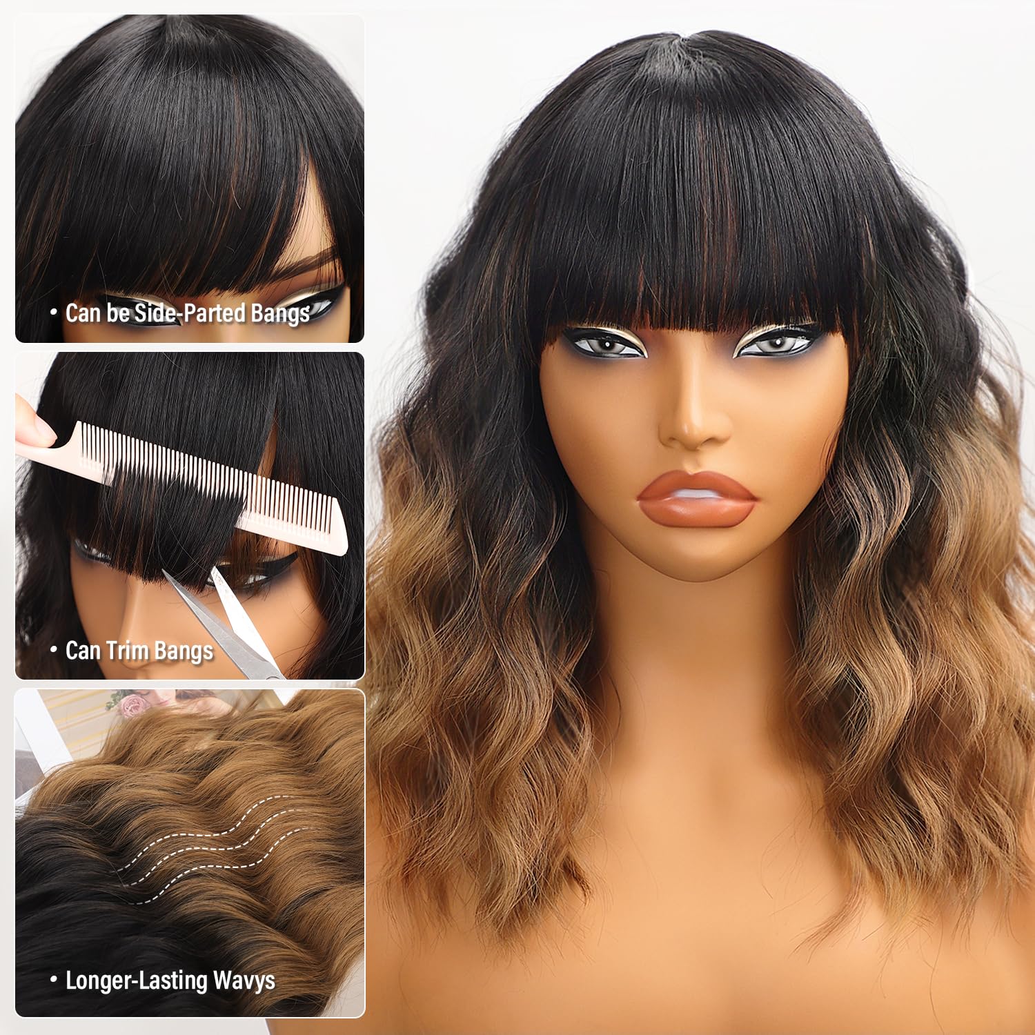 Nnzes Short Wavy Wig with Bangs for Women Shoulder Length Bob Curly Women's Charming Synthetic Wigs with Natural Wavy Black To Brown Heat Resistant Hair for Daily Party Use - Image 2