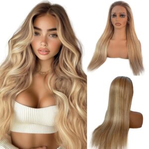 Ash Blonde Highlight Wig Human Hair, Wear and Go Glueless 13x4 Frontal Wig Ombre Colored Balayage Blonde with Brown Lace Front Wigs Human Hair 180% Density Thick Ends Free Part Lace Wigs for Women 22"